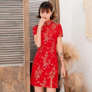 Robe Chinoise en Satin de Polyester Rouge