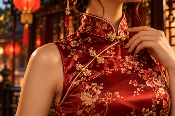Détail du col mandarin et des boutons en passementerie d’une robe chinoise