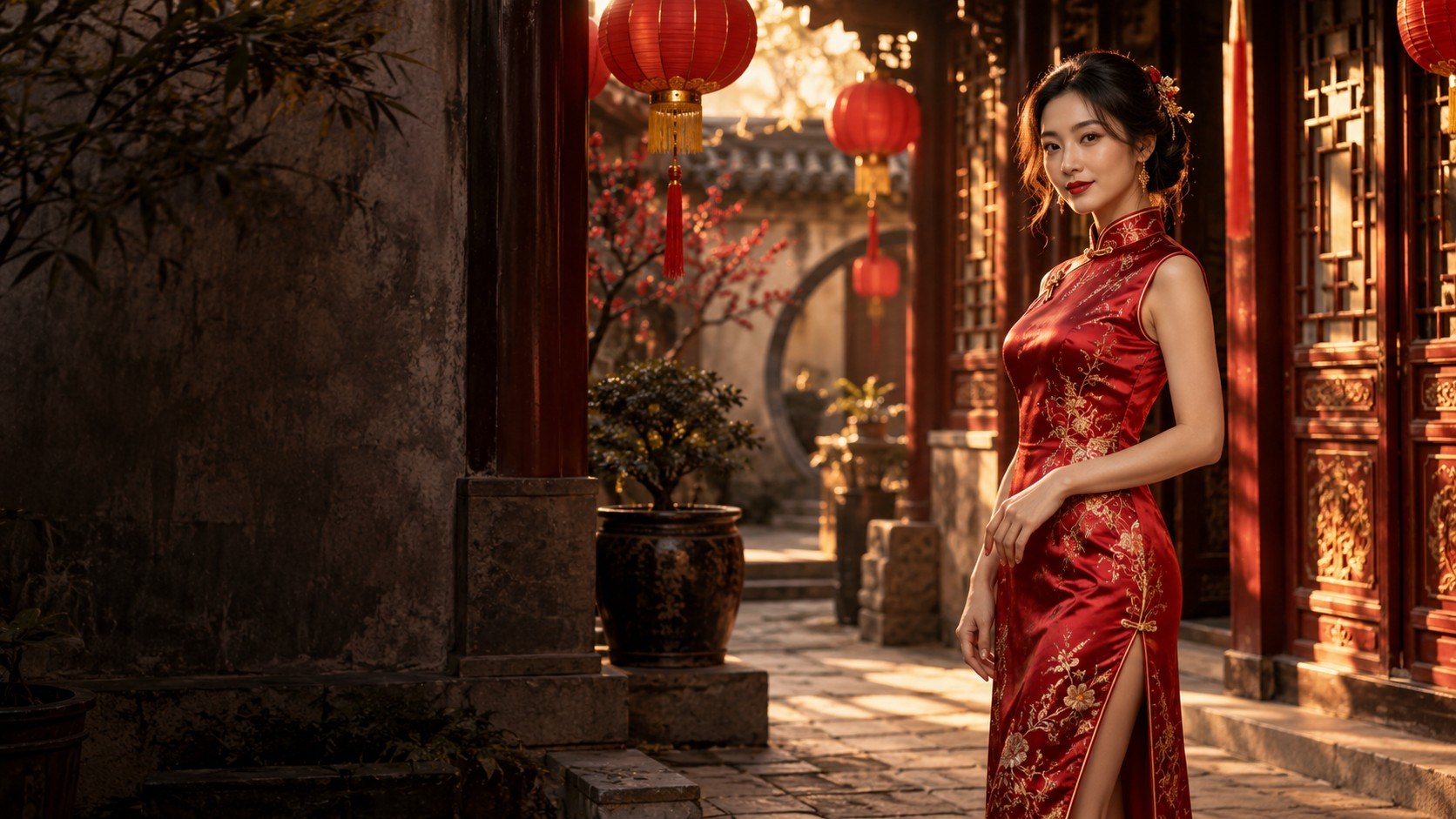 Femme en robe chinoise qipao rouge brodée d’or dans une cour traditionnelle de Shanghai