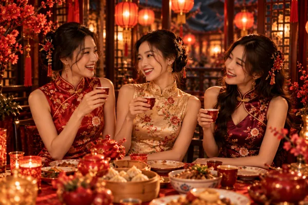 Amies en robes chinoises pour le Nouvel An chinois